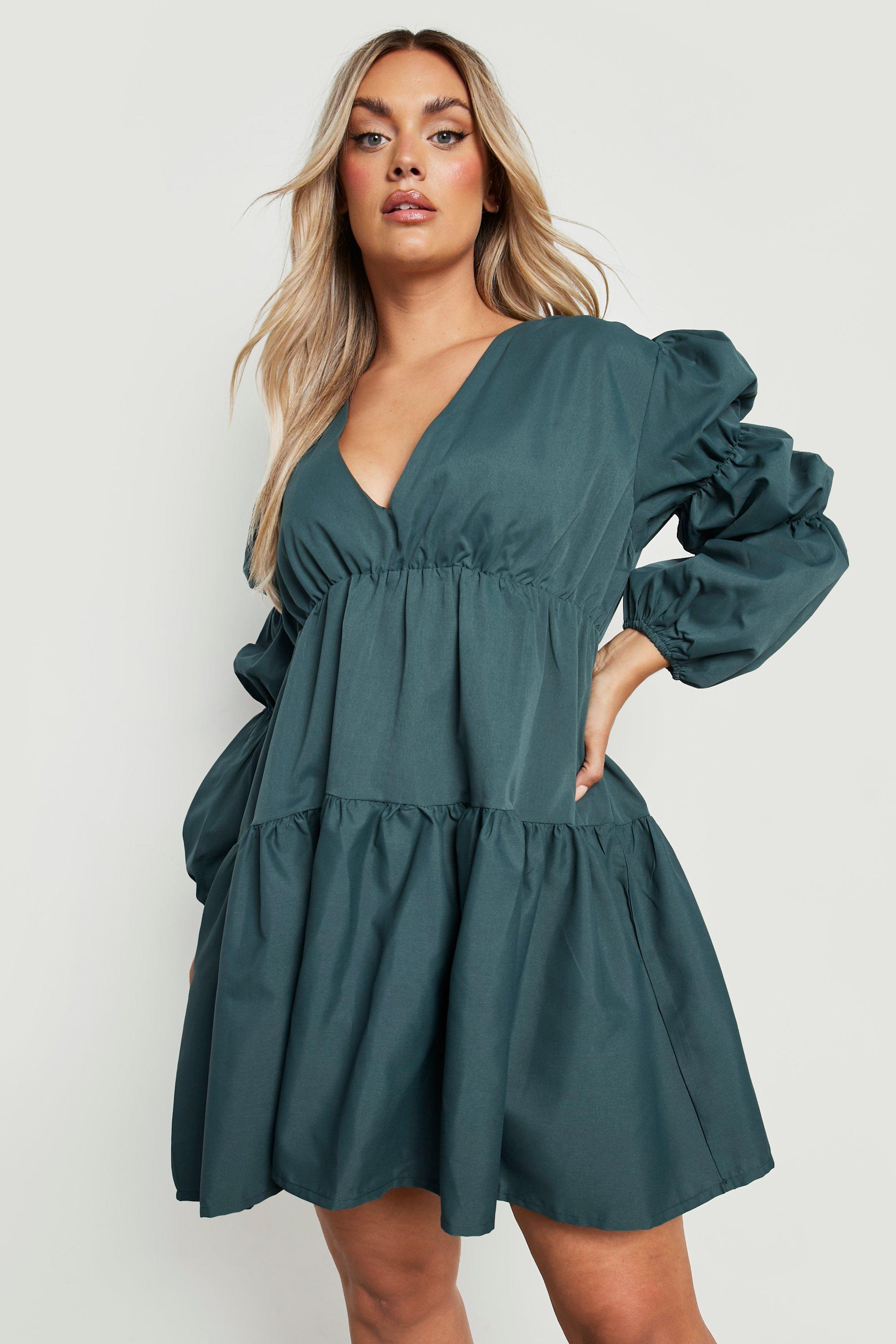 Plus Woven Tiered V Neck Smock Dress