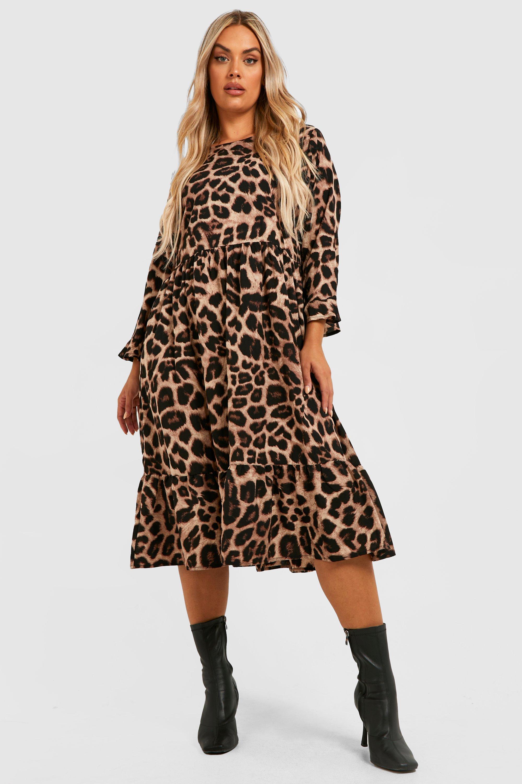 Plus Woven Leopard Midi Smock Dress