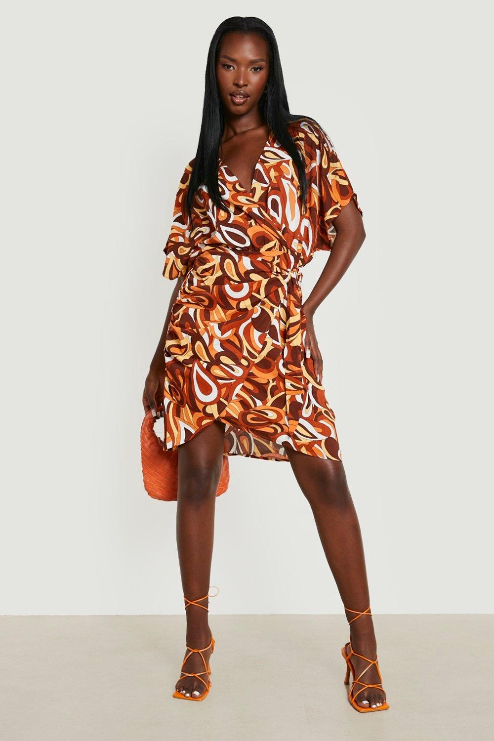 Abstract Print Wrap Midi Dress