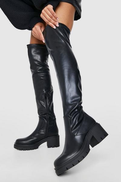 Wide Fit Cleated Over The Knee Pu Boots