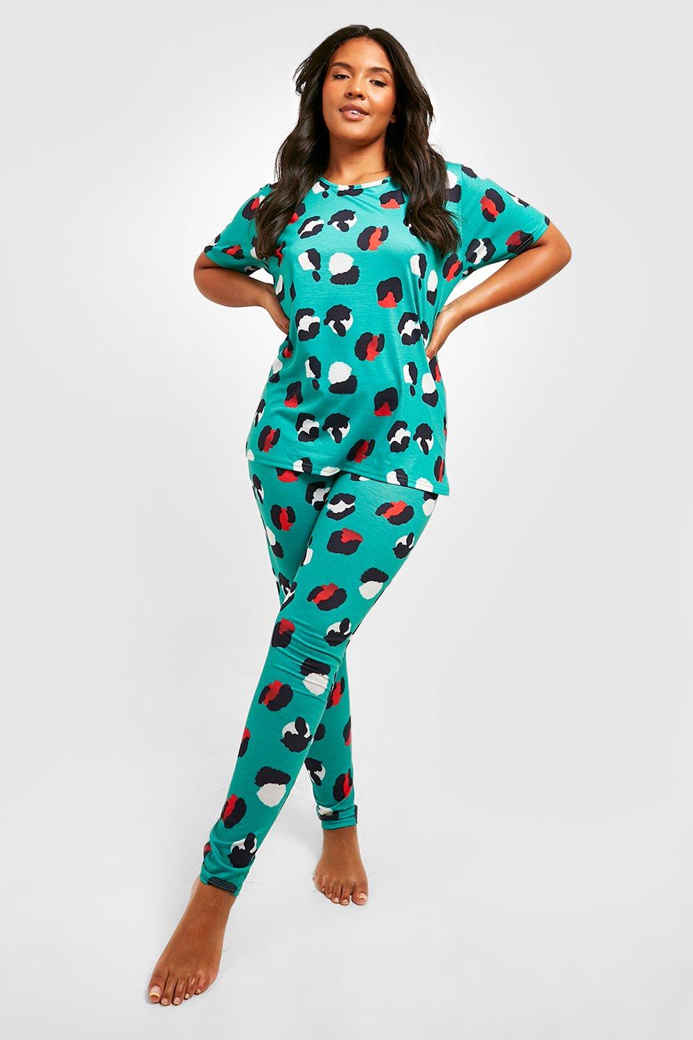 Plus Contrast Leopard Print T-Shirt & Trousers Pyjama Set