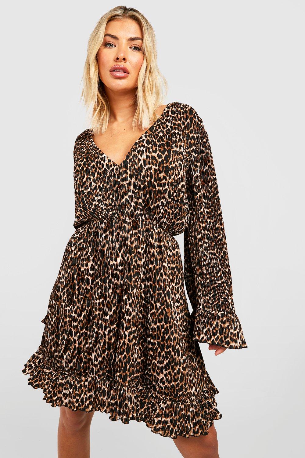 Pleated Leopard V Neck Smock Dress