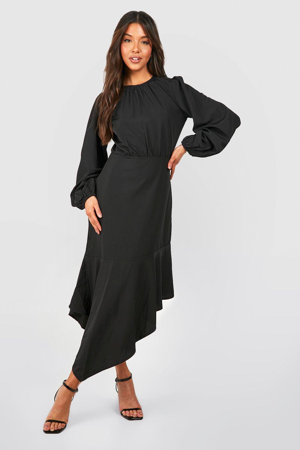 Long Sleeve Frill Hem Asymmetric Midi Dress