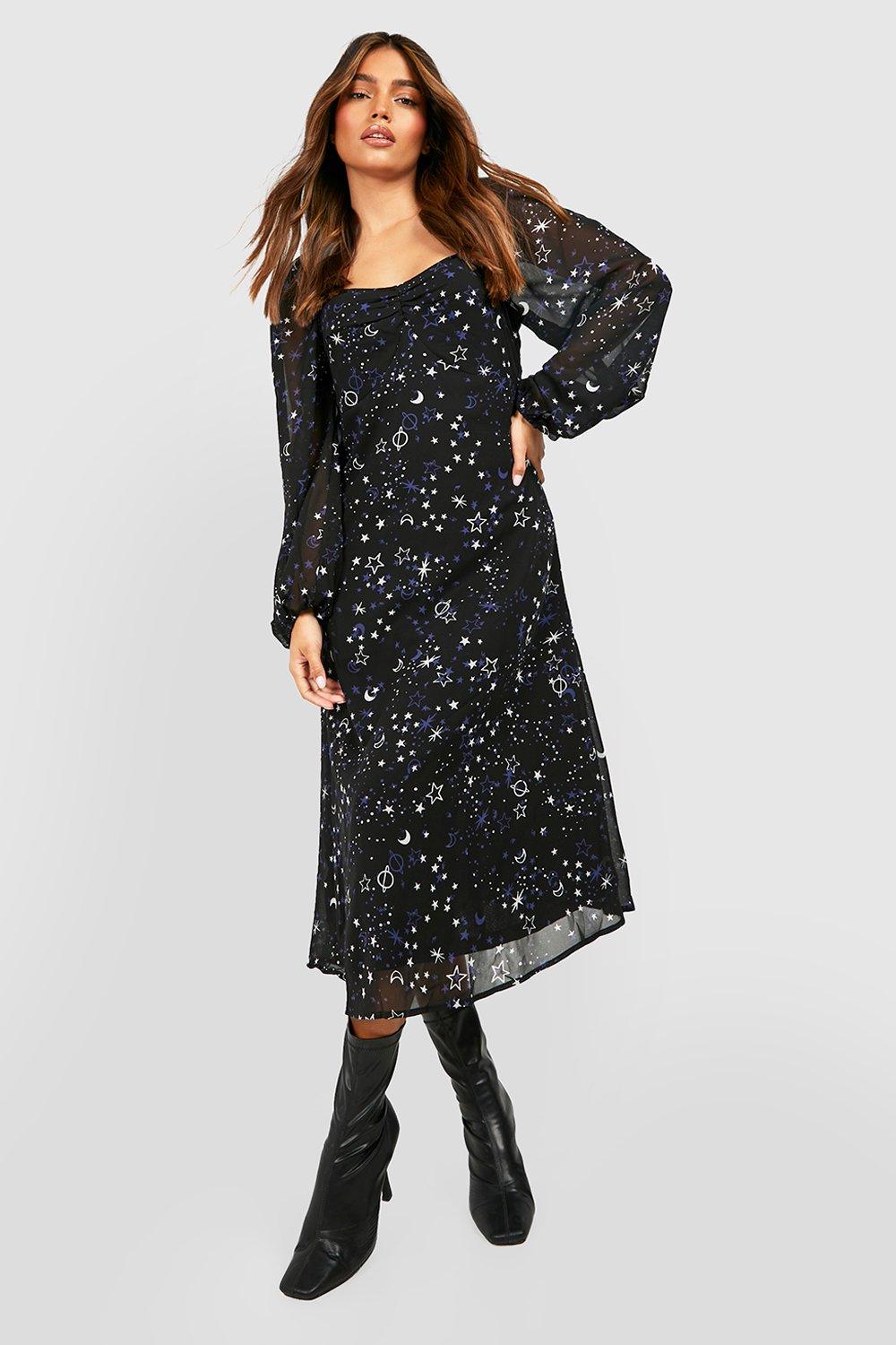 Star Printed Long Sleeve Midi Smock Dress