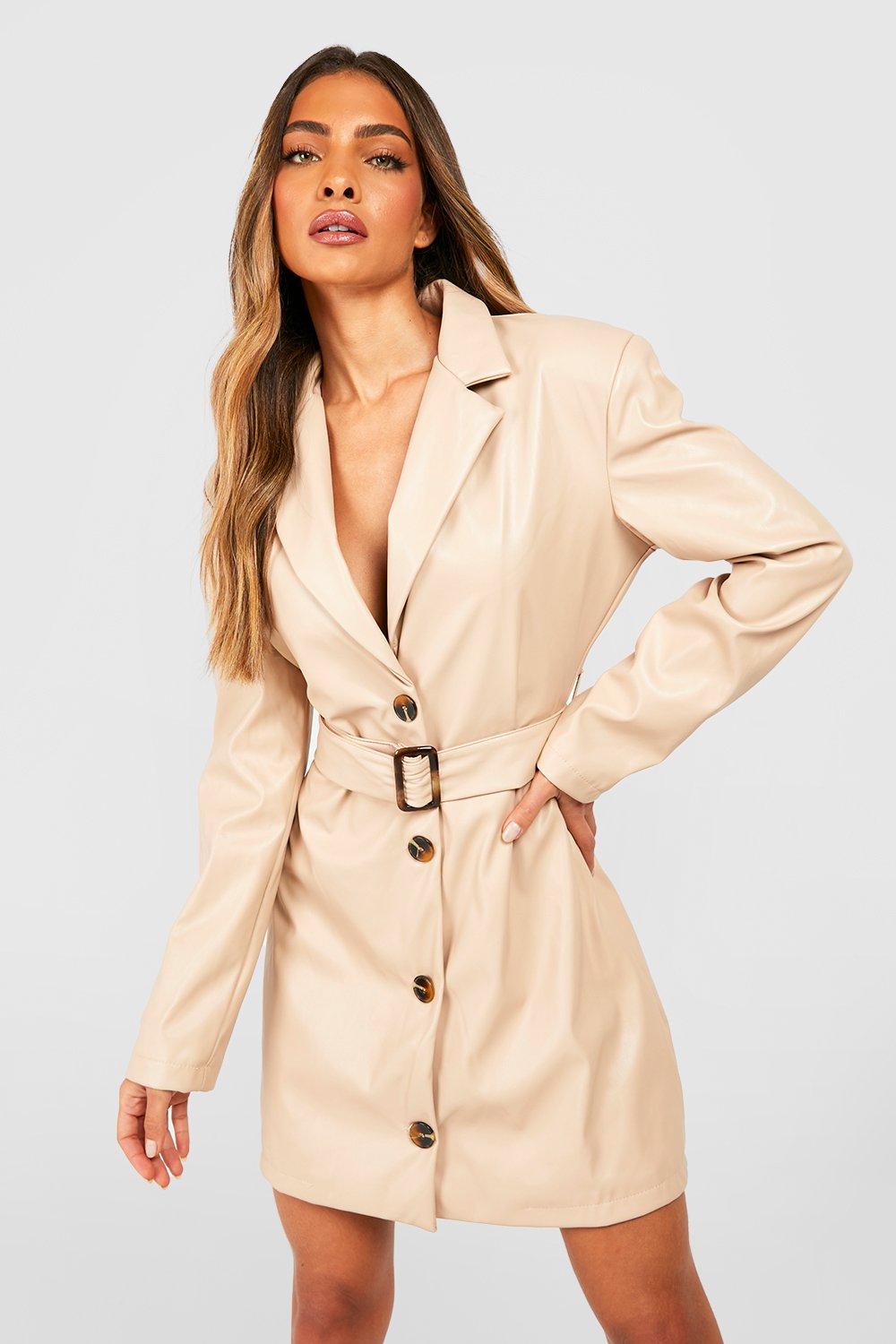 Leather Look Belted Tailored Blazer Dress
