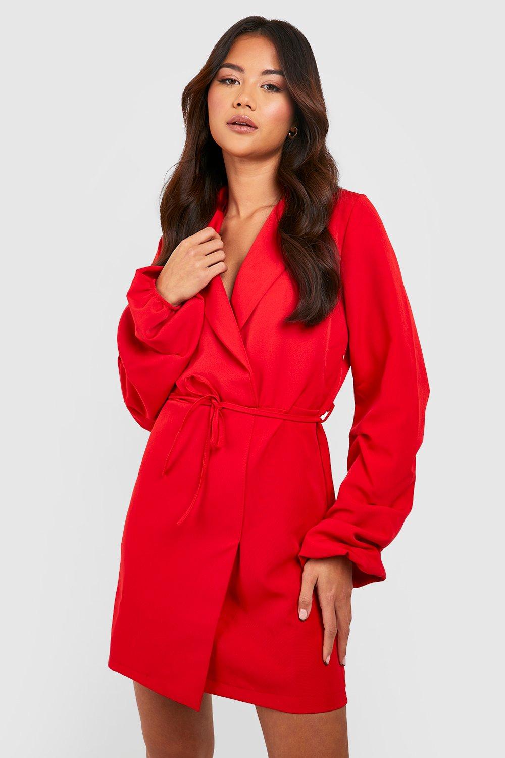 Ruched Sleeve Wrap Front Blazer Dress