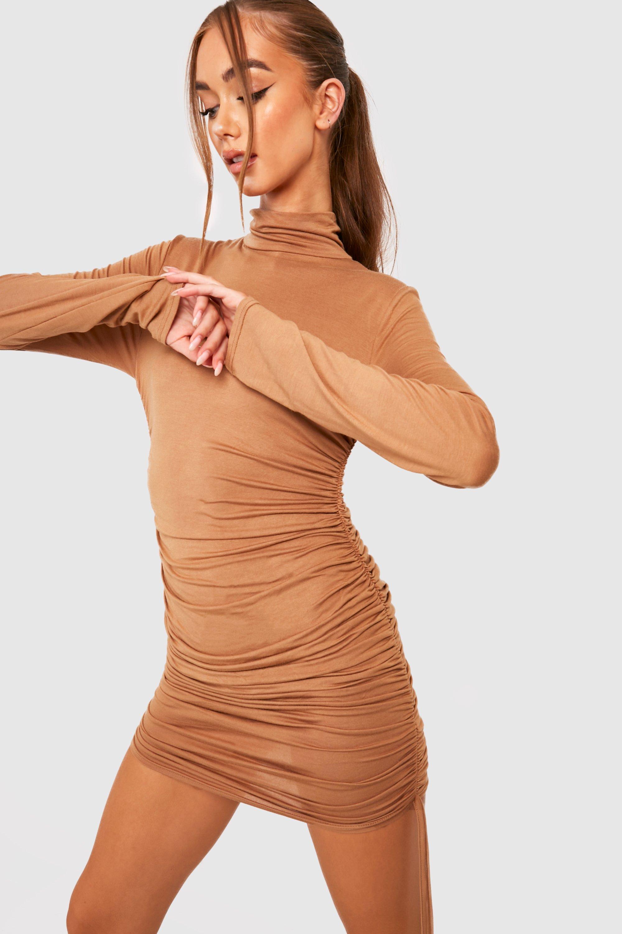 Roll Neck Ruched Bodycon Dress