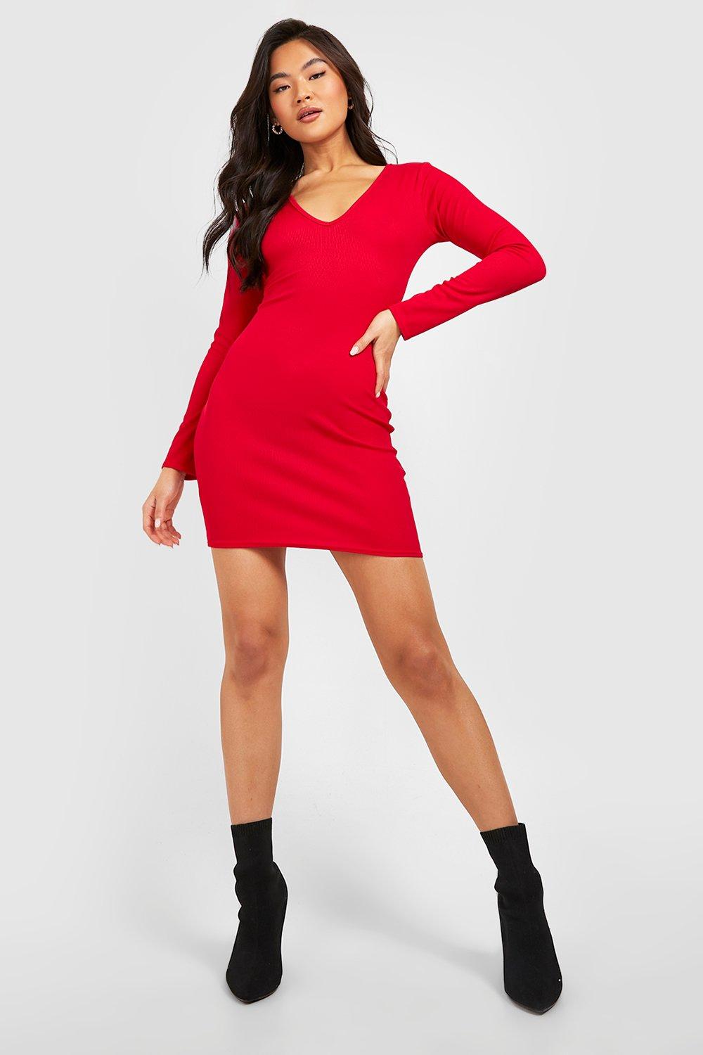 Ribbed Plunge Neck Bodycon Dress