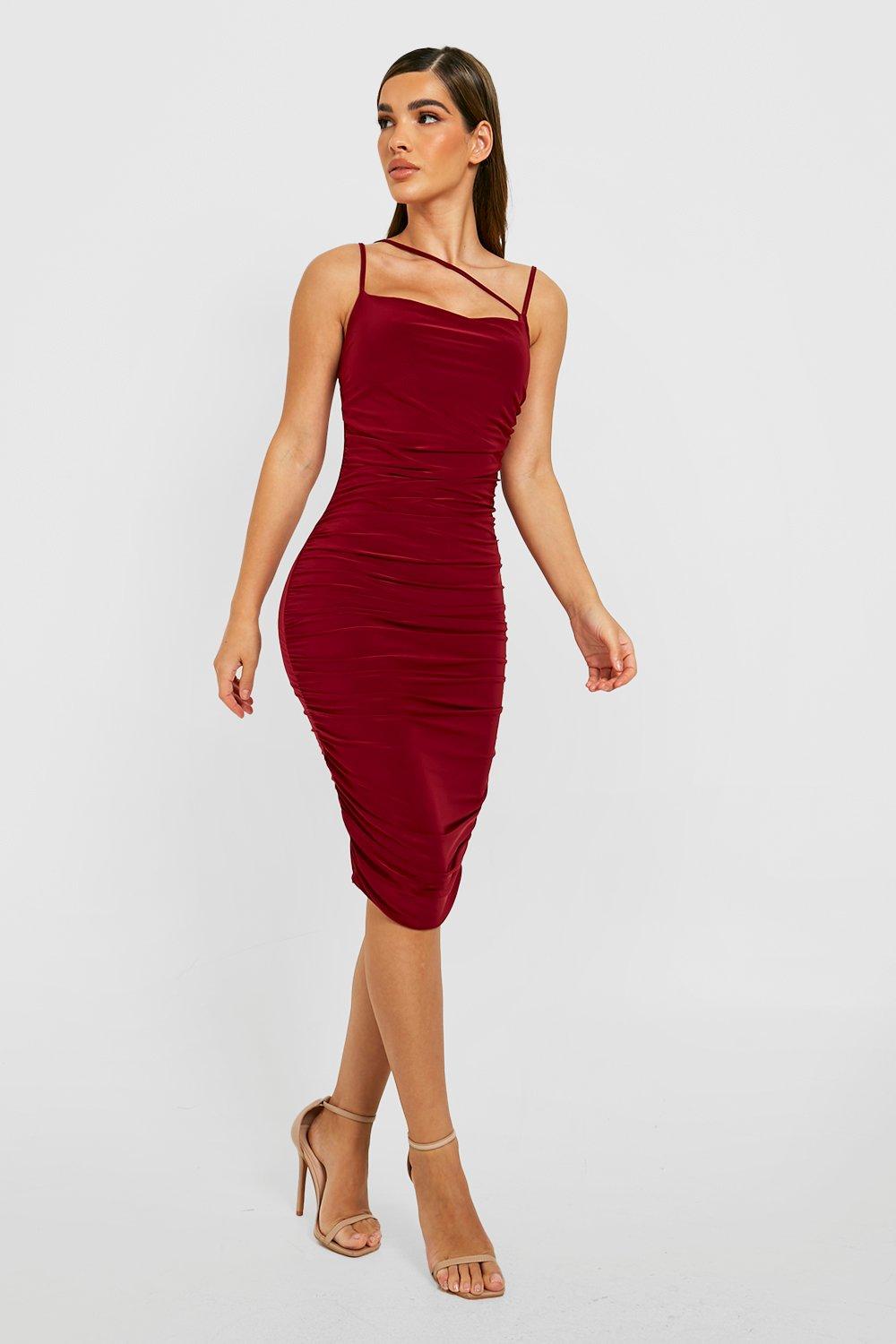 Double Slinky Strappy Ruched Midi Dress