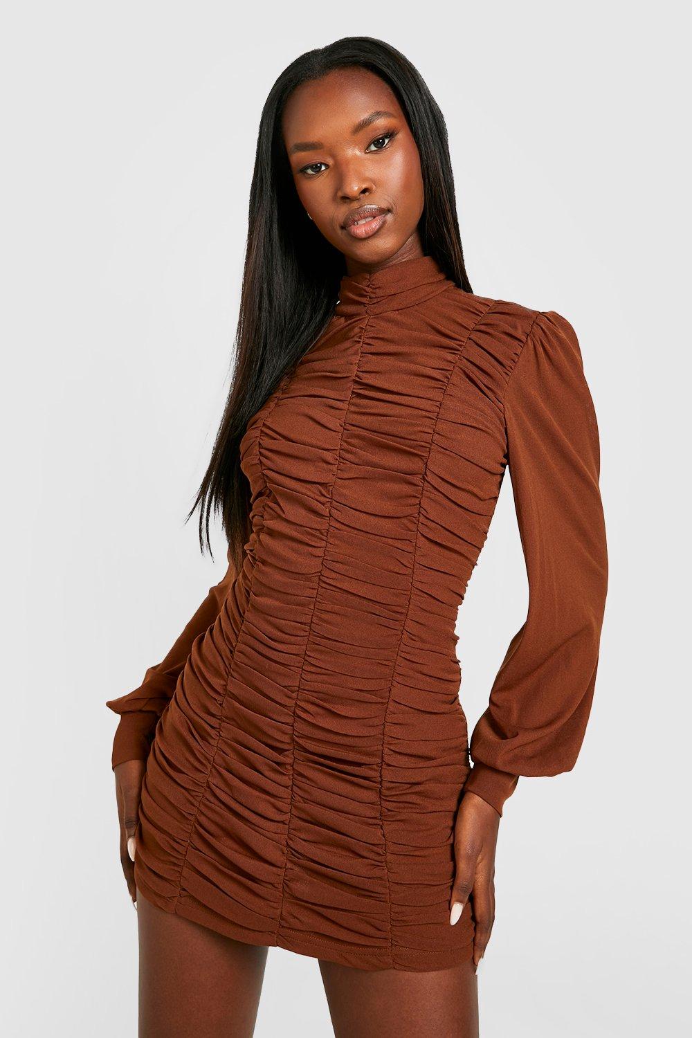 Petite Mesh Ruched High Neck Bodycon Dress
