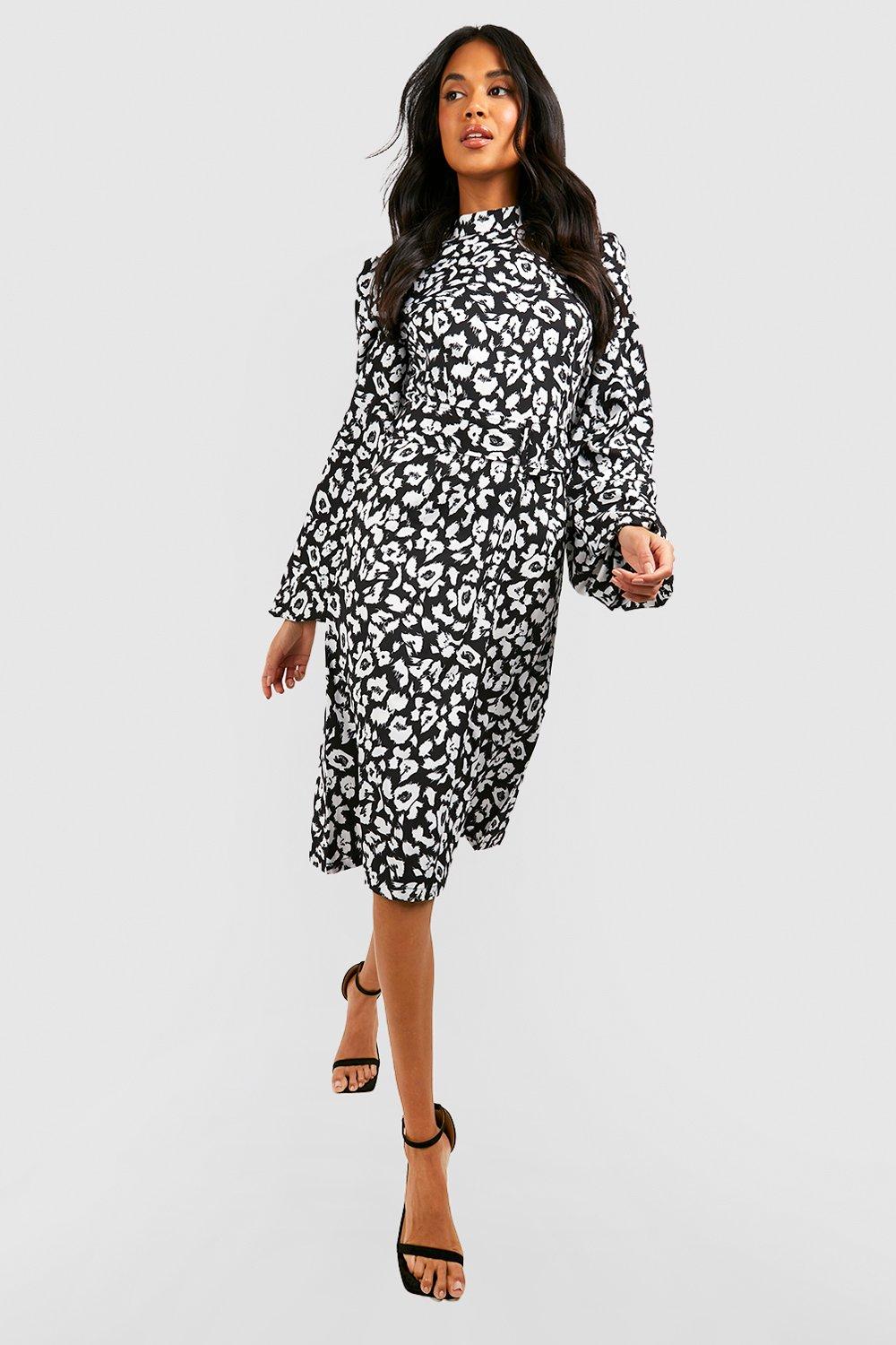 Satin Leopard Flare Sleeve Midi Dress