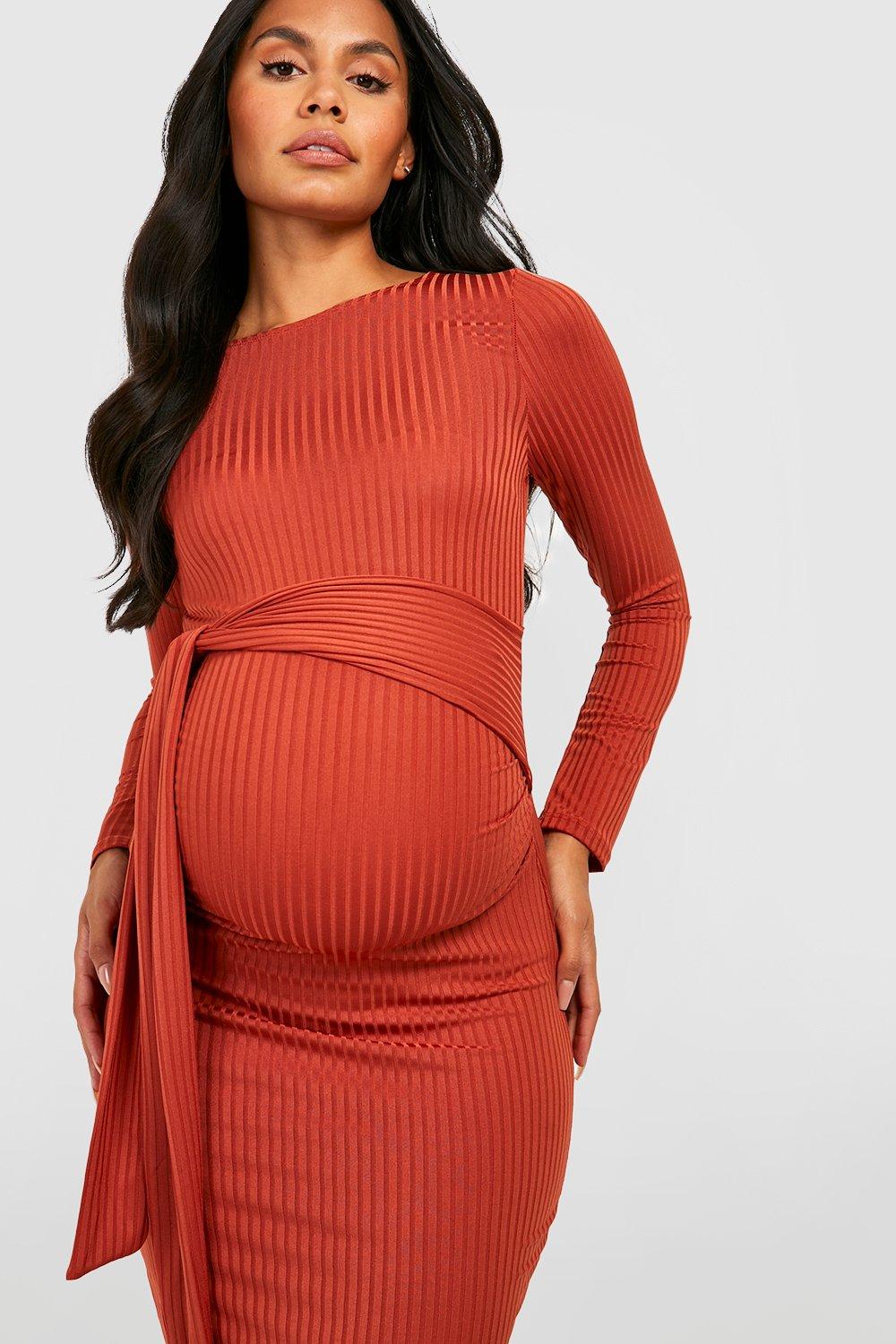 Maternity Rib Belted Long Sleeve Midi Dress