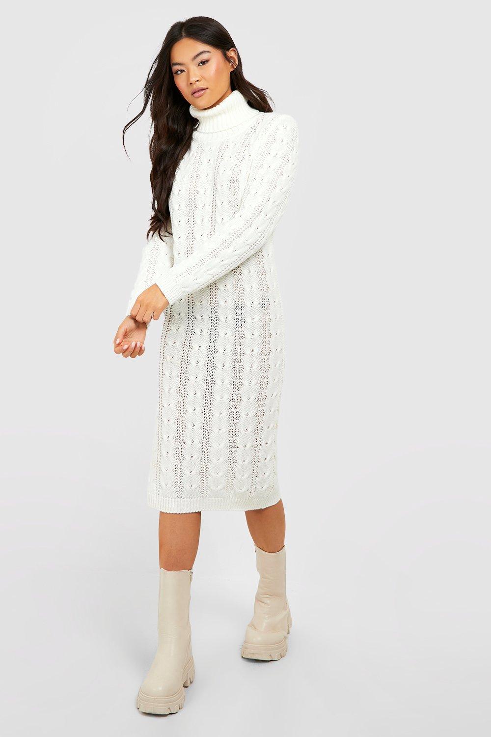 Roll Neck Cable Knit Midi Dress