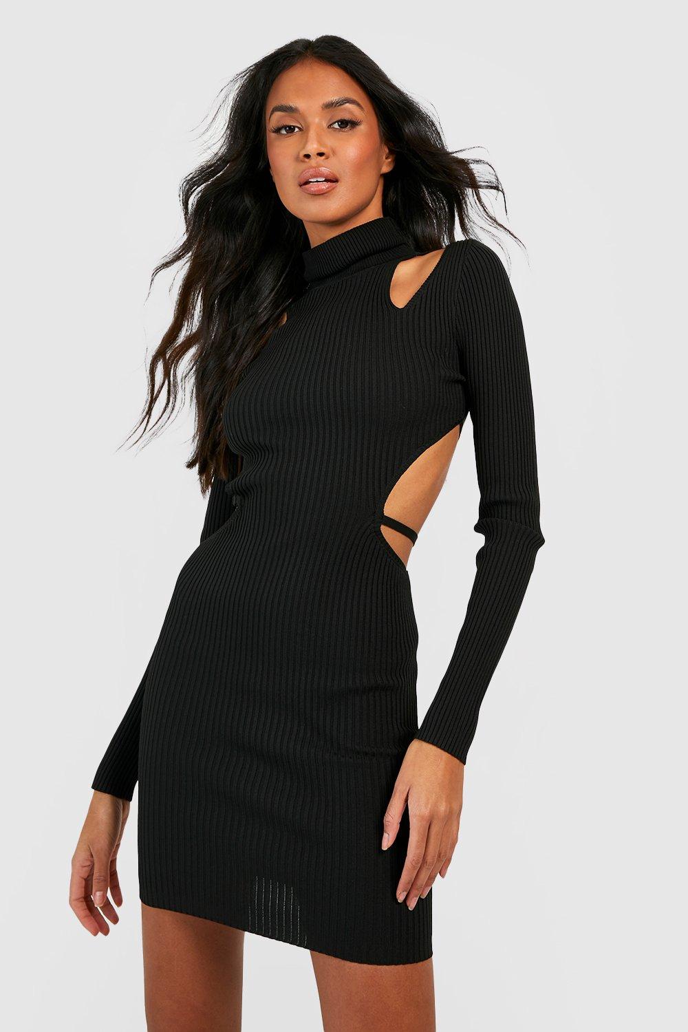 High Neck Cut Out Strappy Back Knitted Mini Dress