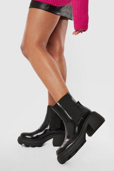 Chunky Block Heel Patent Chelsea Boots