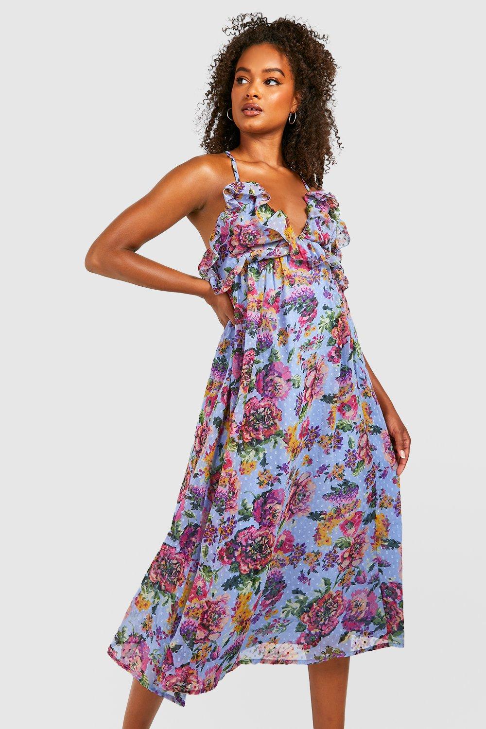 Tall Floral Dobby Ruffle Strappy Midi Dress