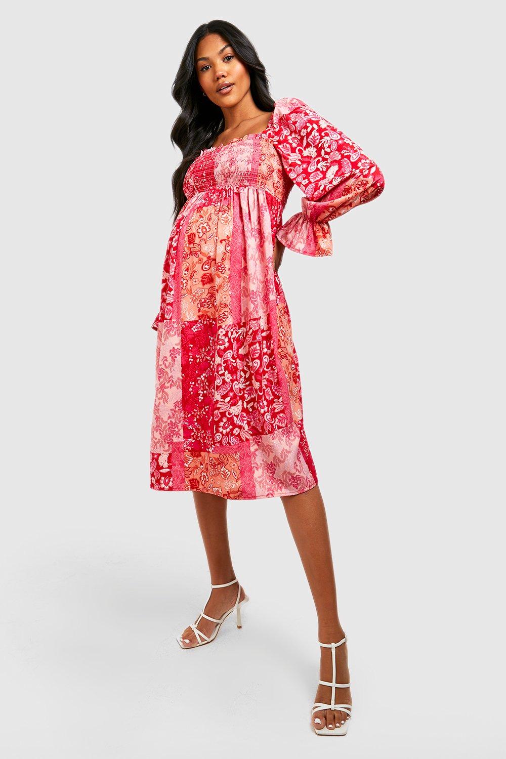 Maternity Shirred Detail Long Sleeve Midi Dress