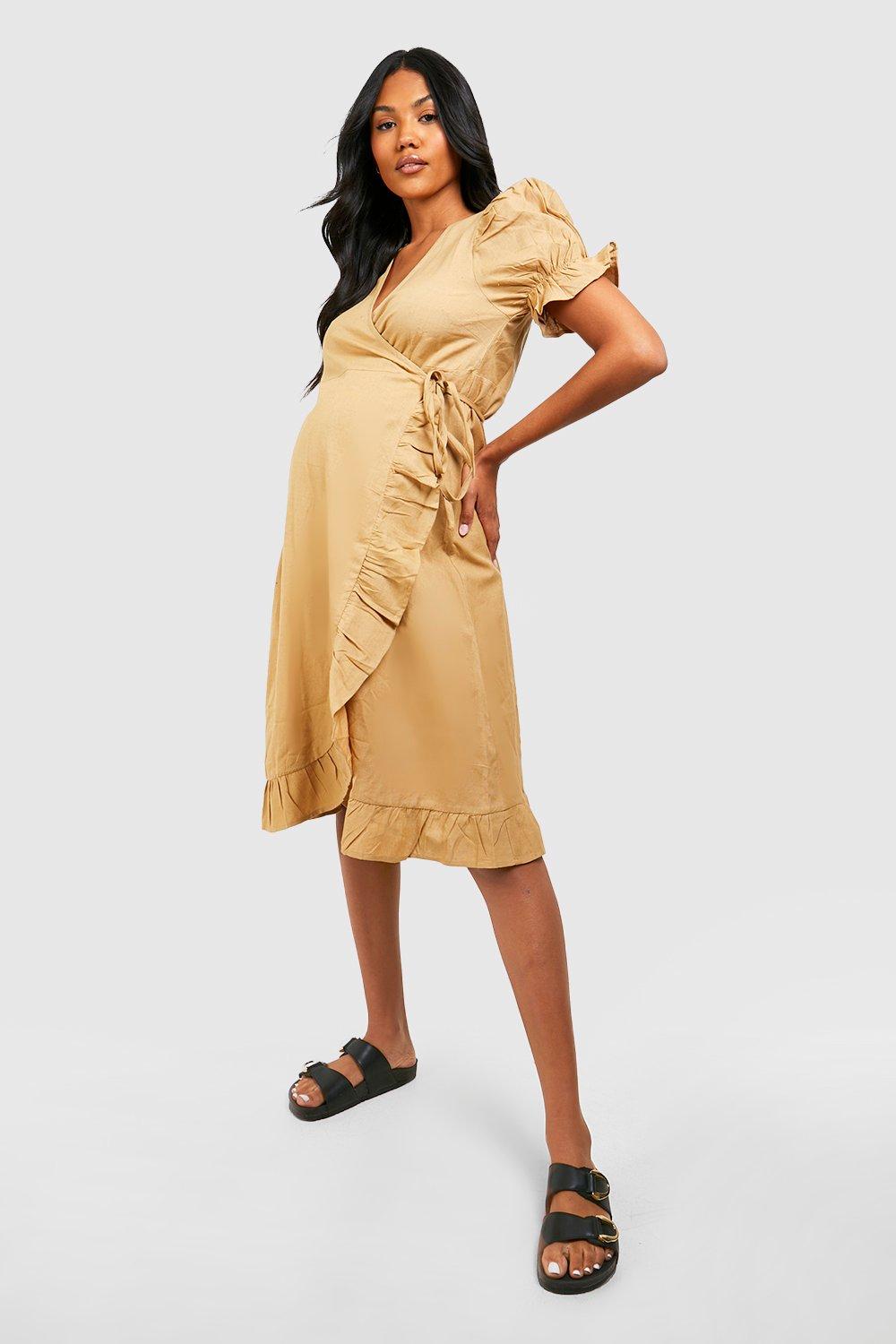 Maternity Linen Ruffle Wrap Midi Dress