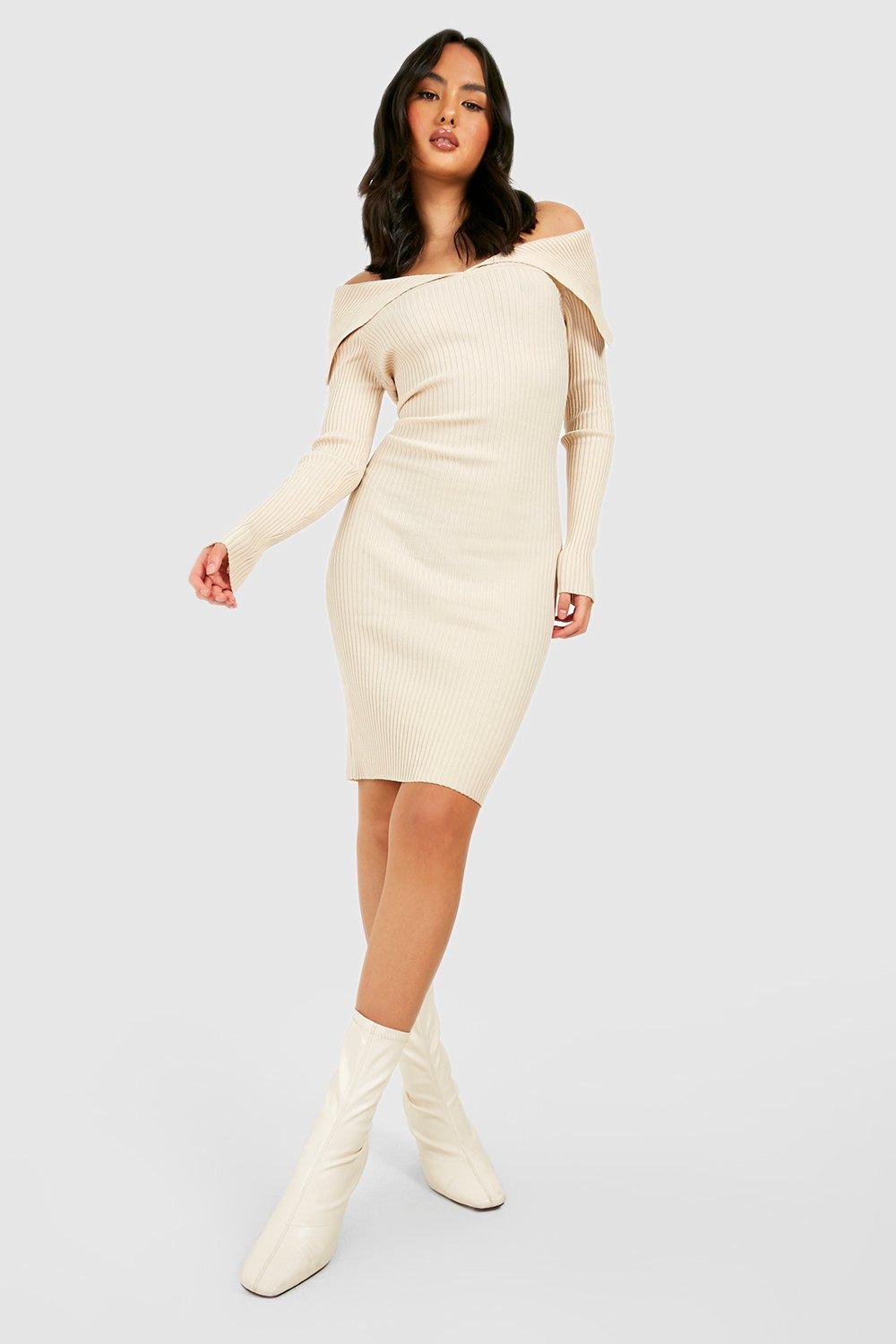 Off The Shoulder Rib Knitted Midi Dress