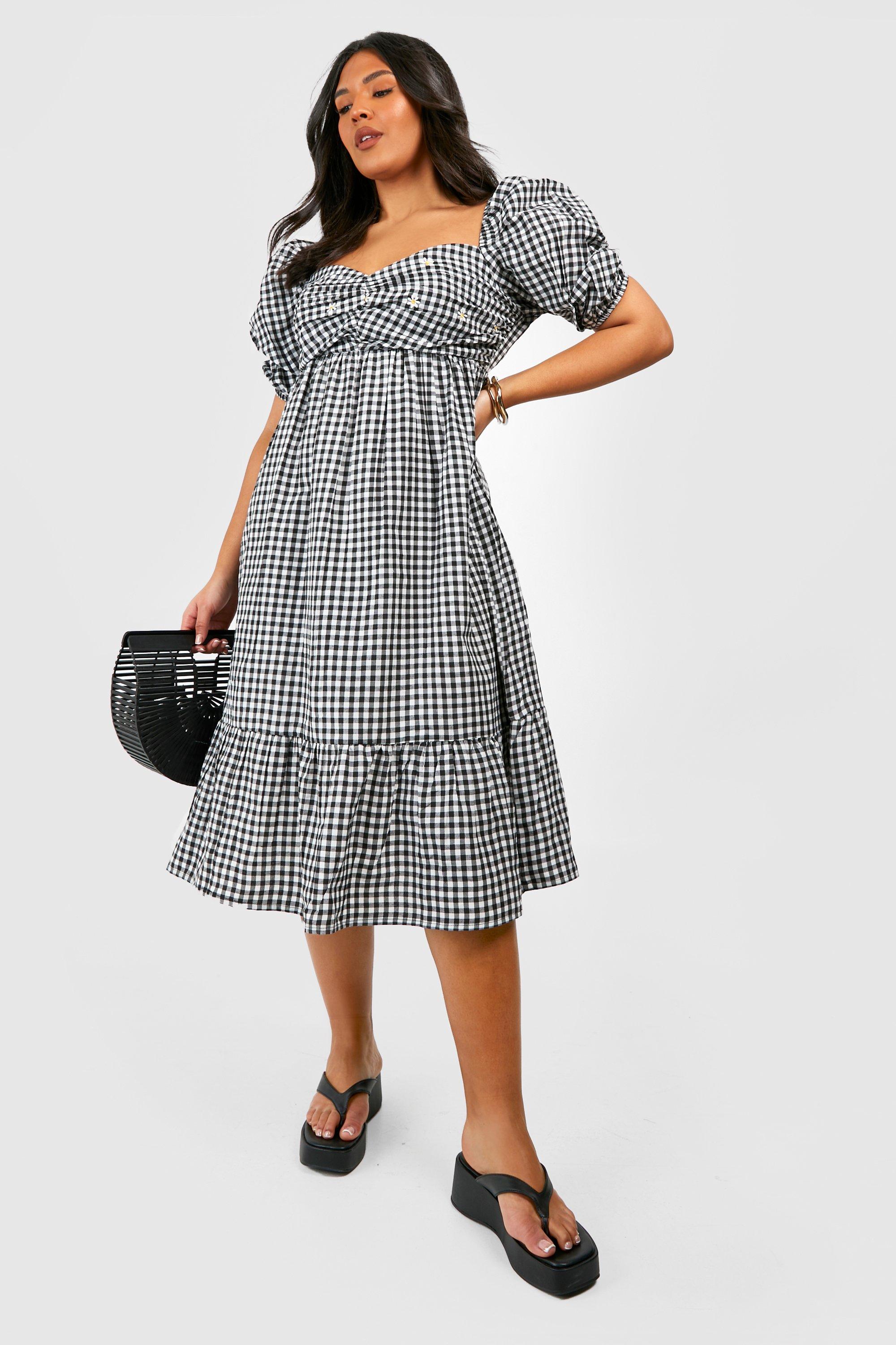 Plus Daisy Embroidered Gingham Midi Dress