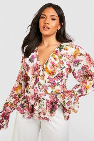 Product Plus Floral Ruffle Front Dobby Mesh Blouse ivory