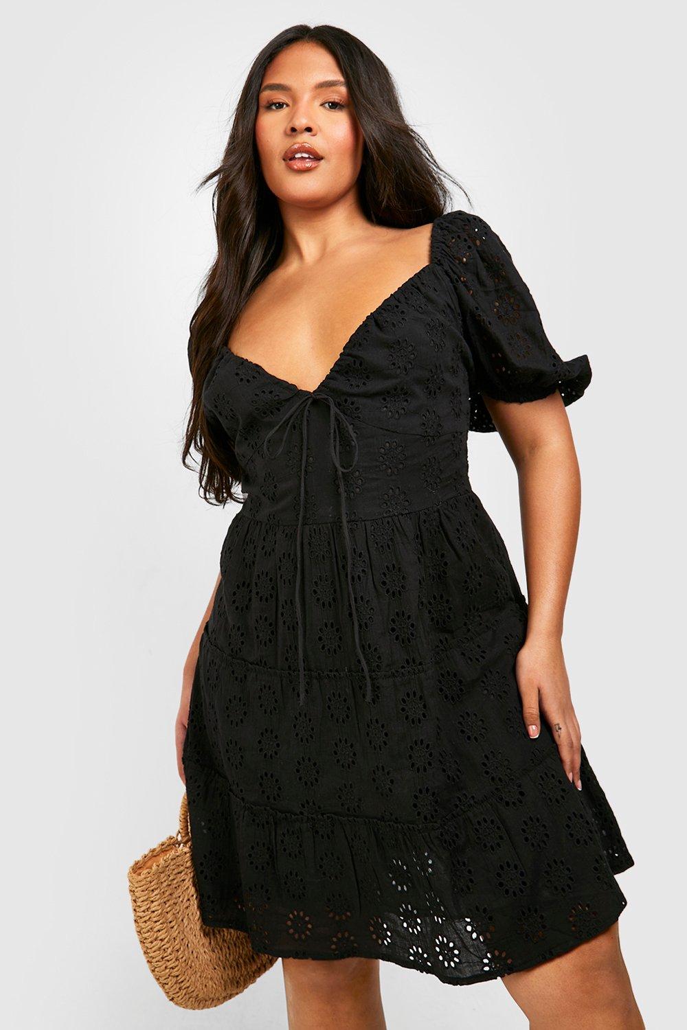 Plus Broderie Anglaise Puff Sleeve Tiered Skater Dress