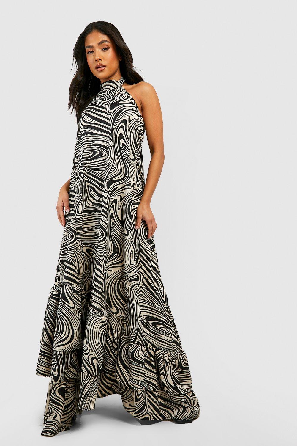 Petite Marble Halter Tiered Maxi Dress