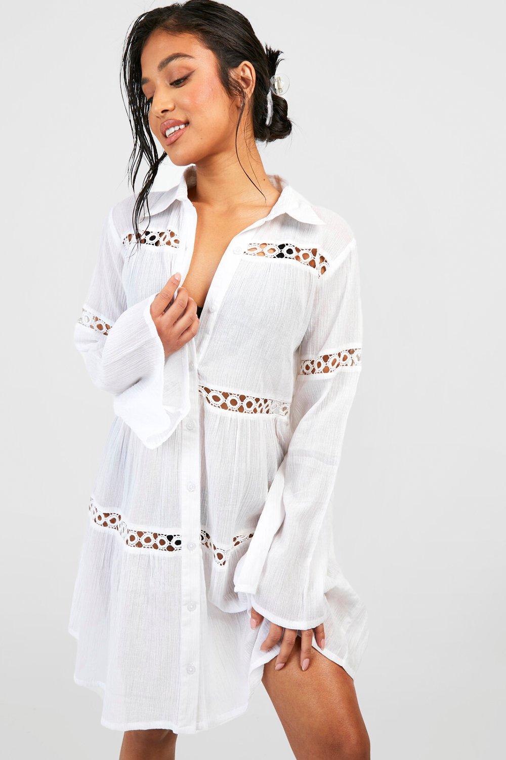 Petite Cheesecloth Trim Beach Shirt Dress