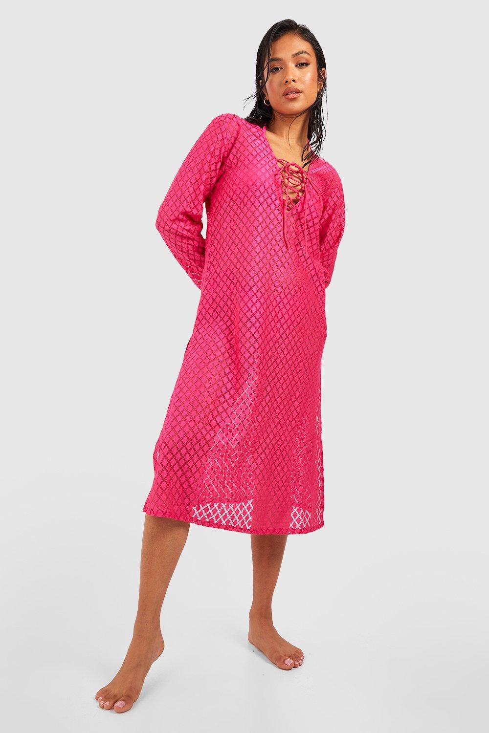 Petite Lace Up Crochet Beach Midi Dress