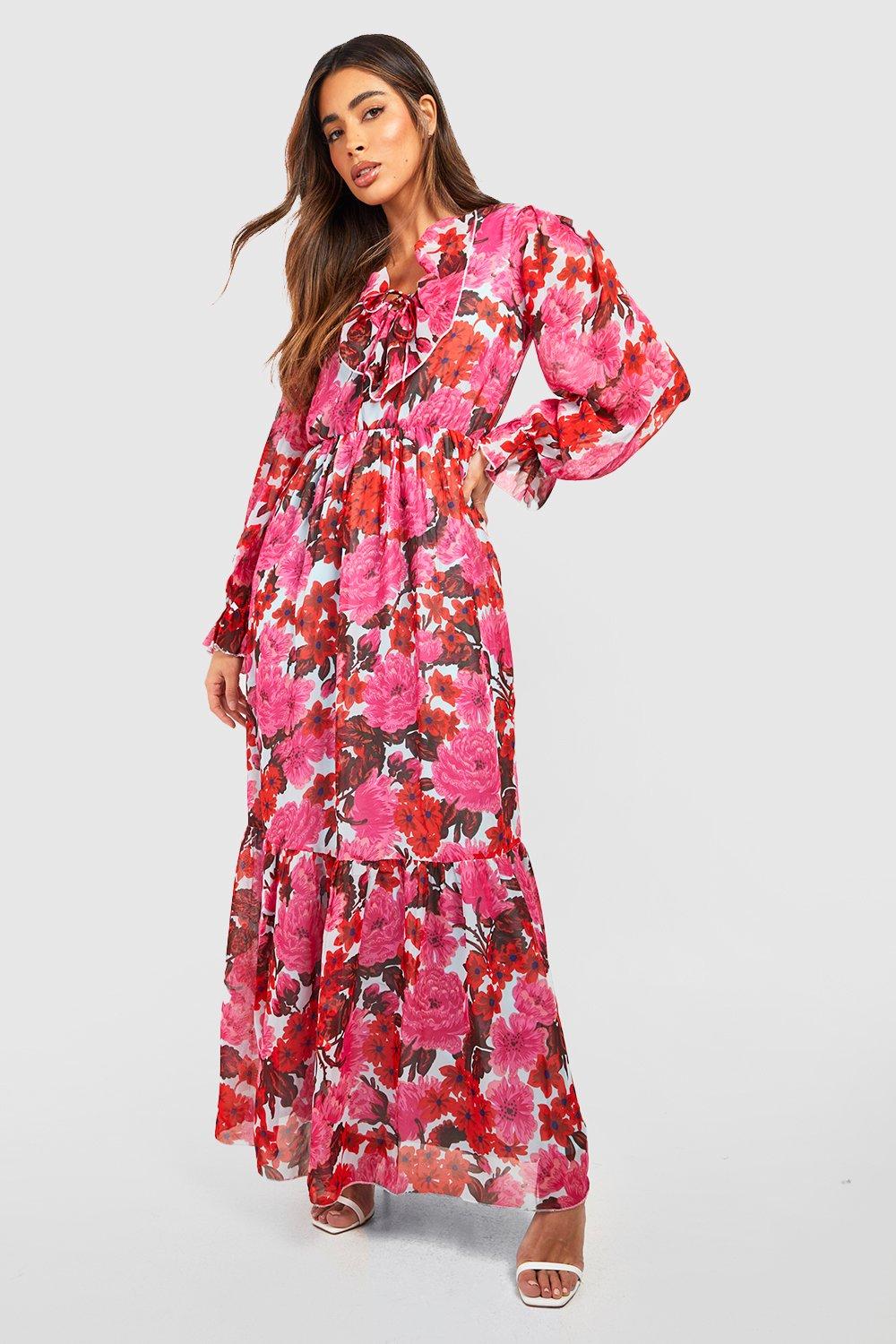 Chiffon Ruffle Floral Maxi Dress