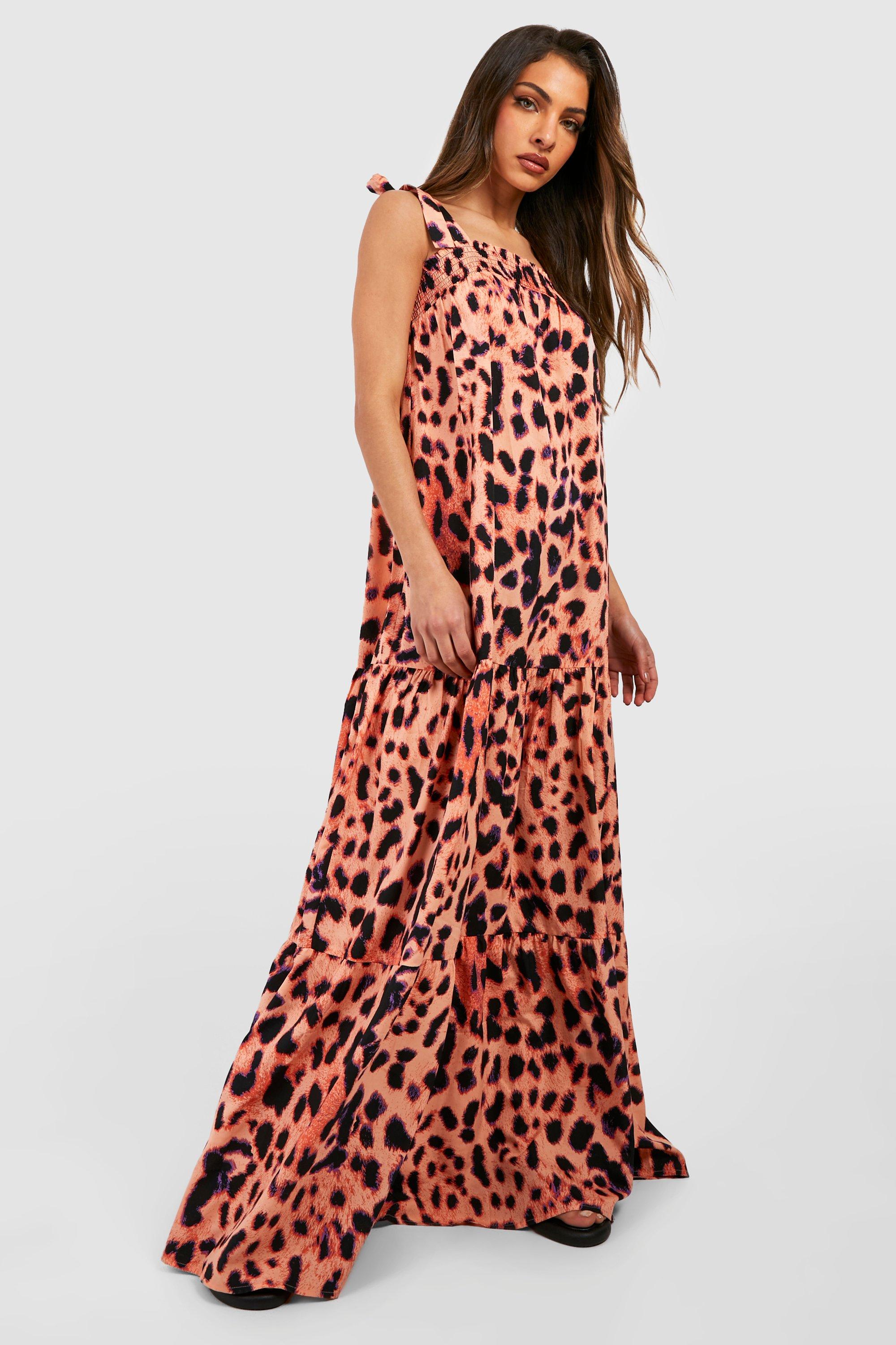 Leopard Tie Detail Tiered Maxi Dress