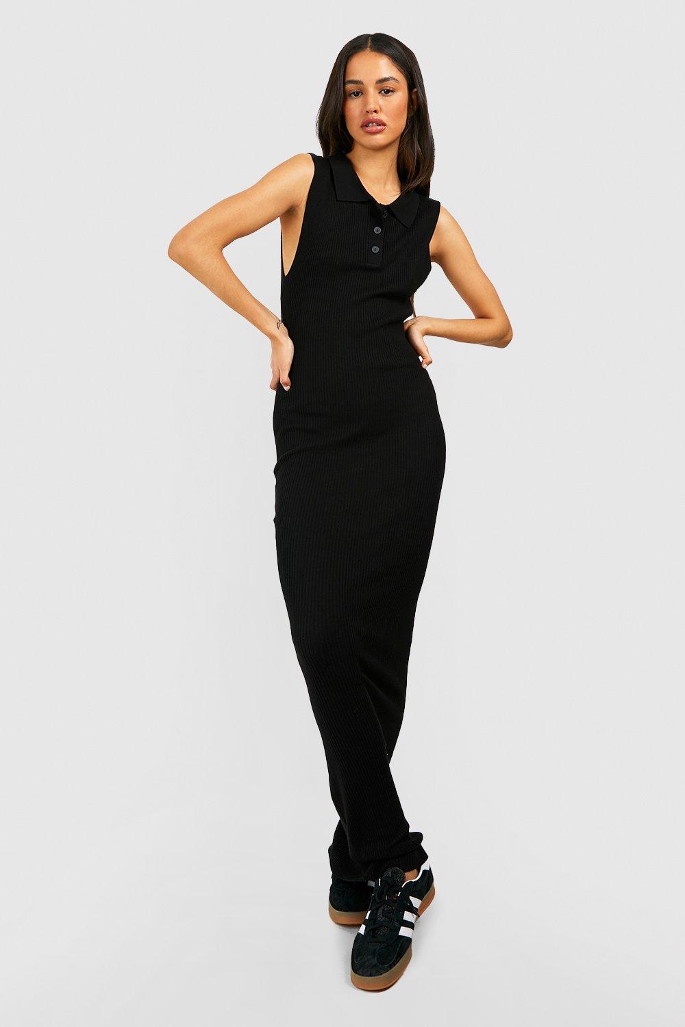 Collared Button Front Sleeve Rib Knit Maxi Dress