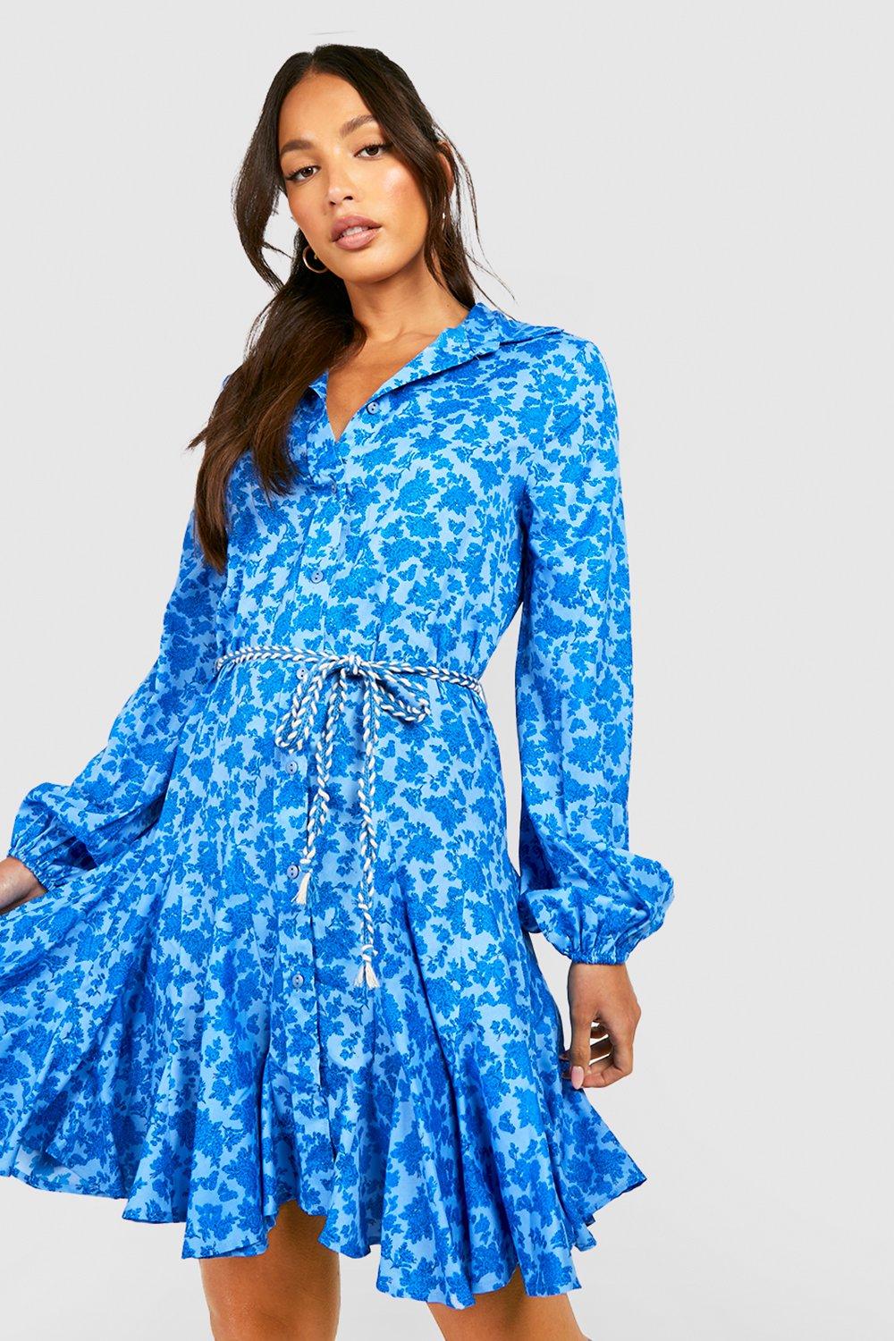 Tall Floral Rope Tie Pleated Shirt Dress