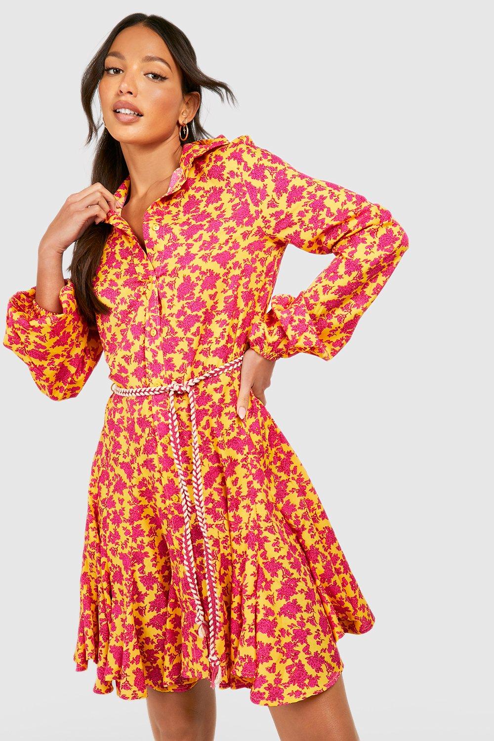 Tall Floral Rope Tie Pleated Shirt Dress
