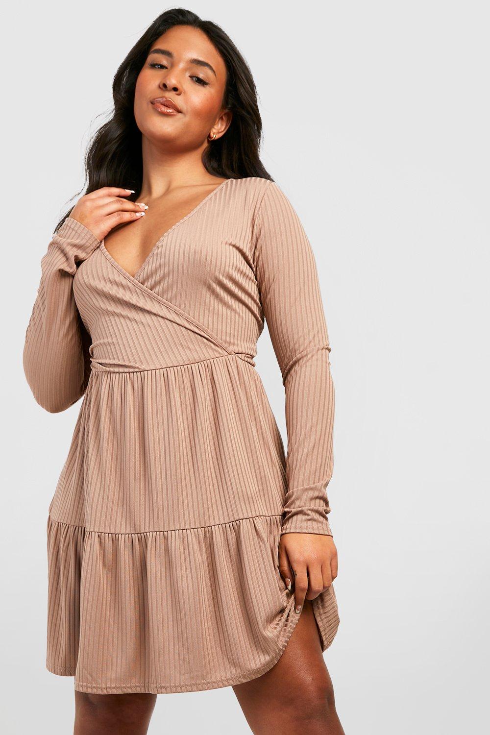 Plus Ribbed Tiered Wrap Dress