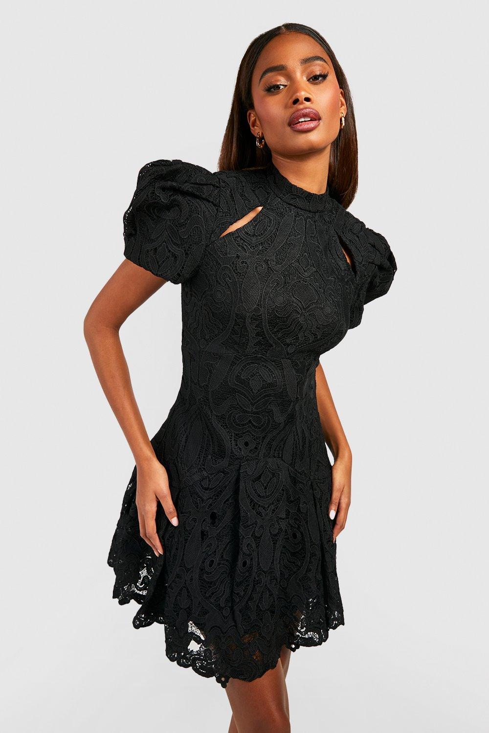 Premium Crochet Lace Puff Sleeve Mini Dress