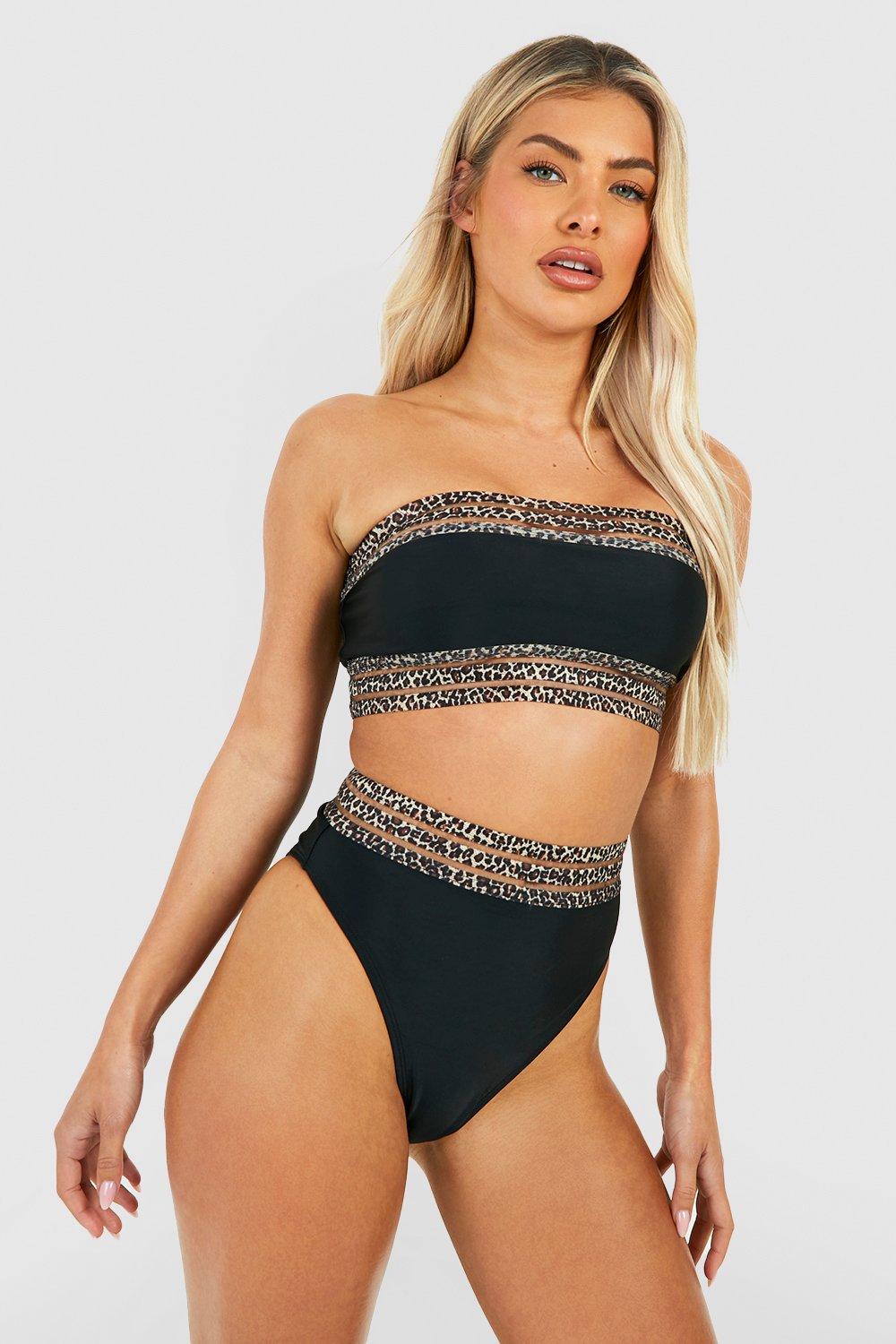 Leopard Mesh Trim Bandeau Bikini Set