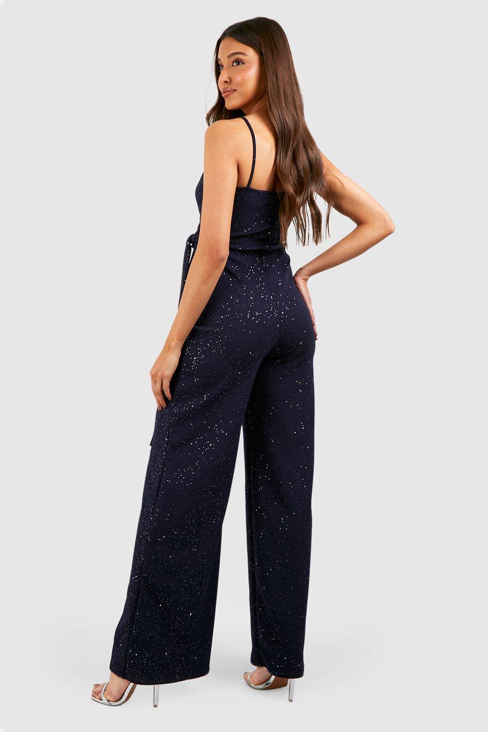 Jumpsuits | Glitter Strappy Wrap Belted Wide Leg Jumpsuit | boohoo