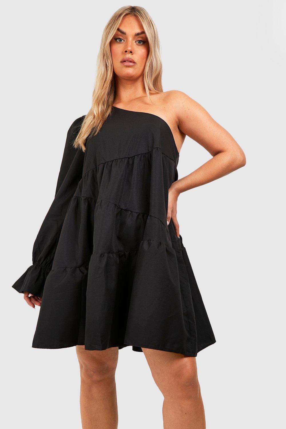 Plus Woven One Shoulder Tiered Smock Dress