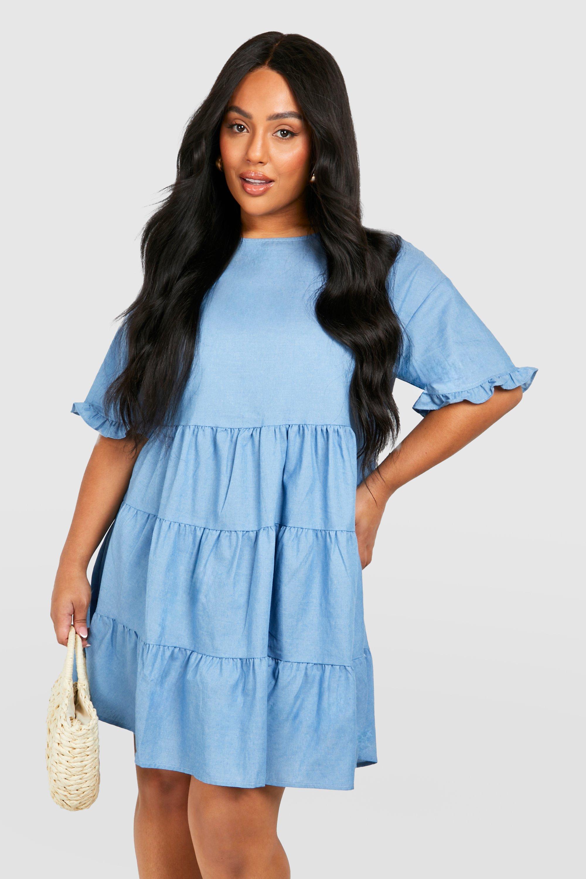 Plus Chambray Tiered Smock Dress