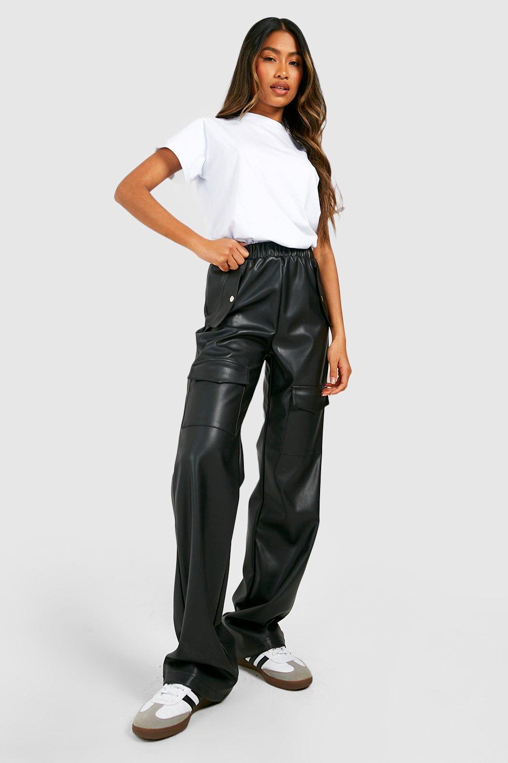 Trousers, Leather Look High Waisted Wide Leg Cargo Pants