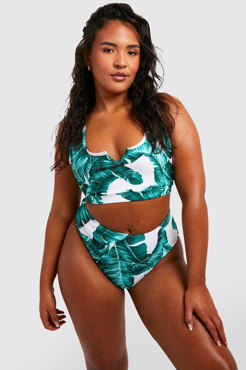 Plus Essentials Leaf Print Notch Front Bikini Top