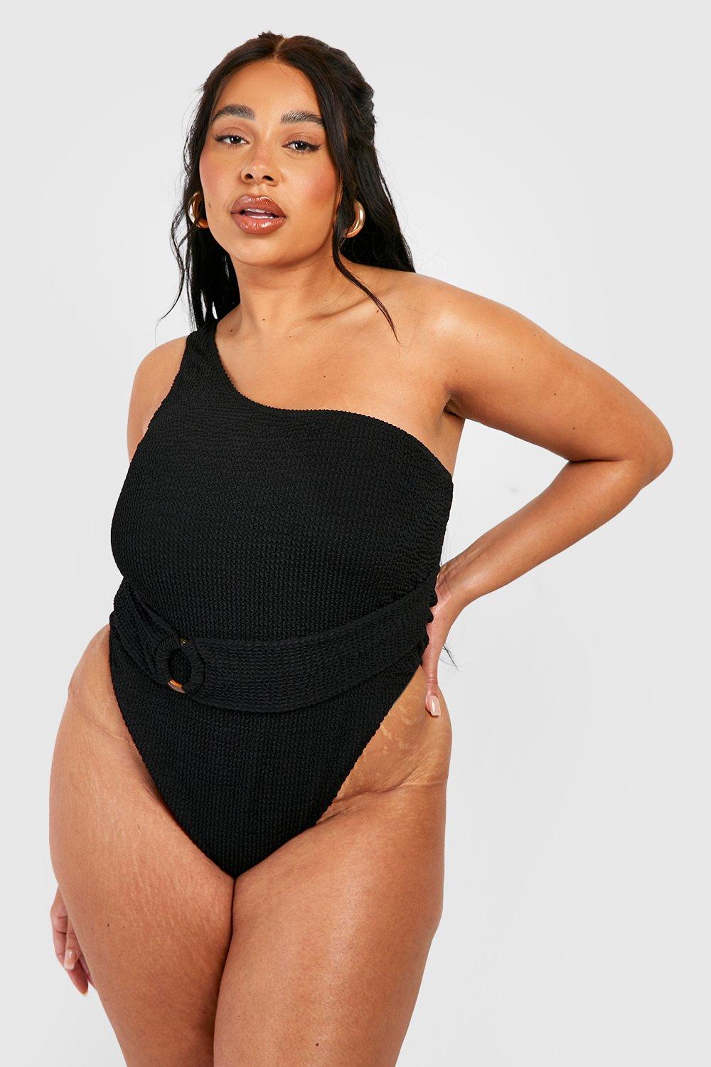 Plus Crinkle Ring Belted One Shoulder Swimsuit