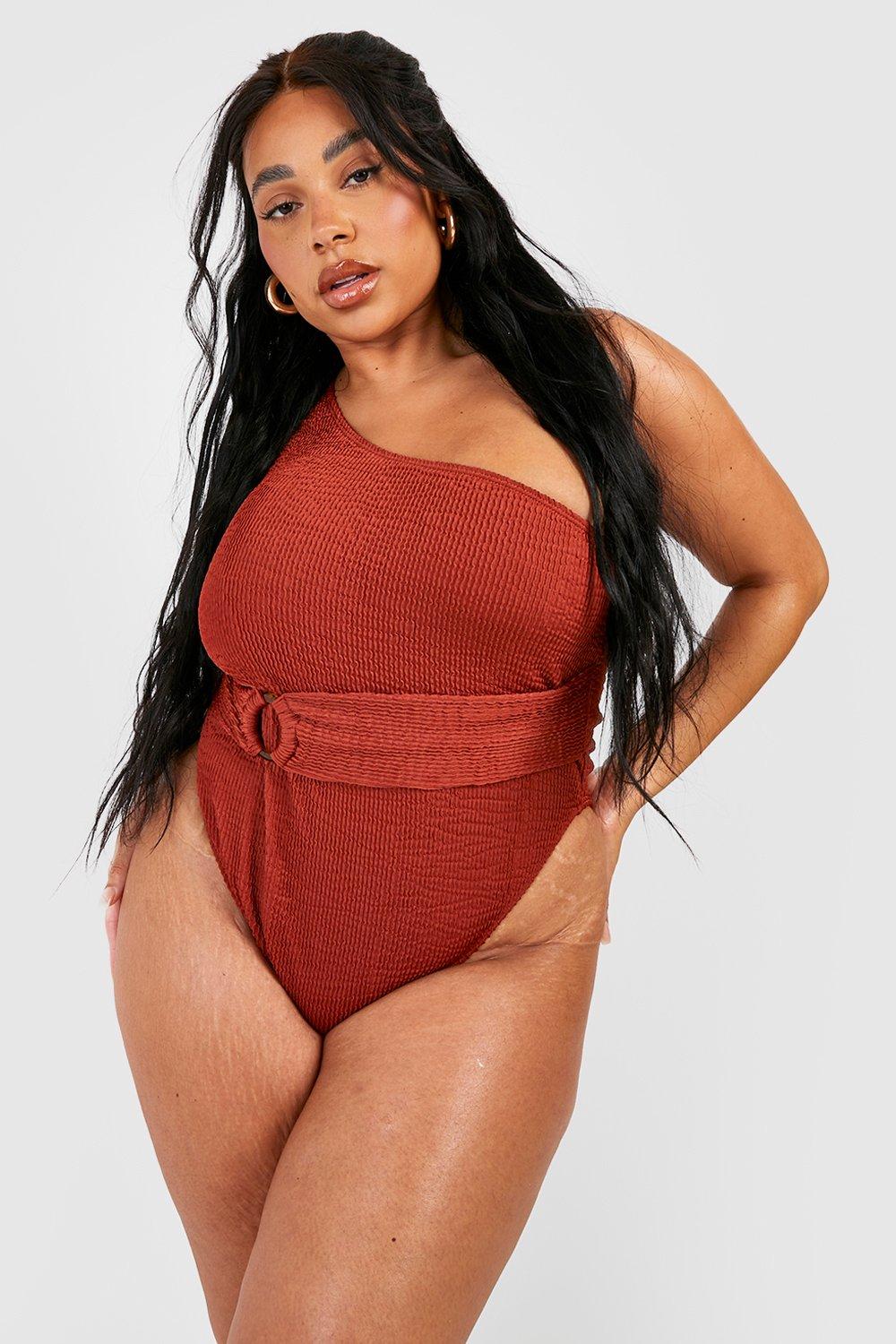Plus Crinkle Ring Belted One Shoulder Swimsuit