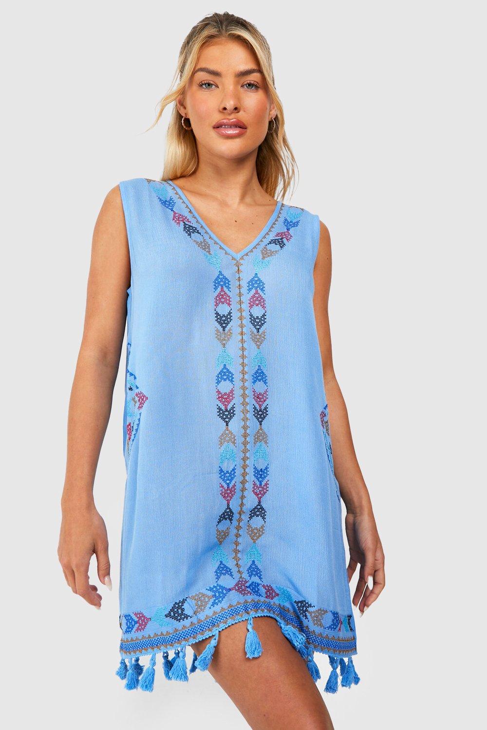 Cheesecloth Embroidered Tassel Beach Mini Dress