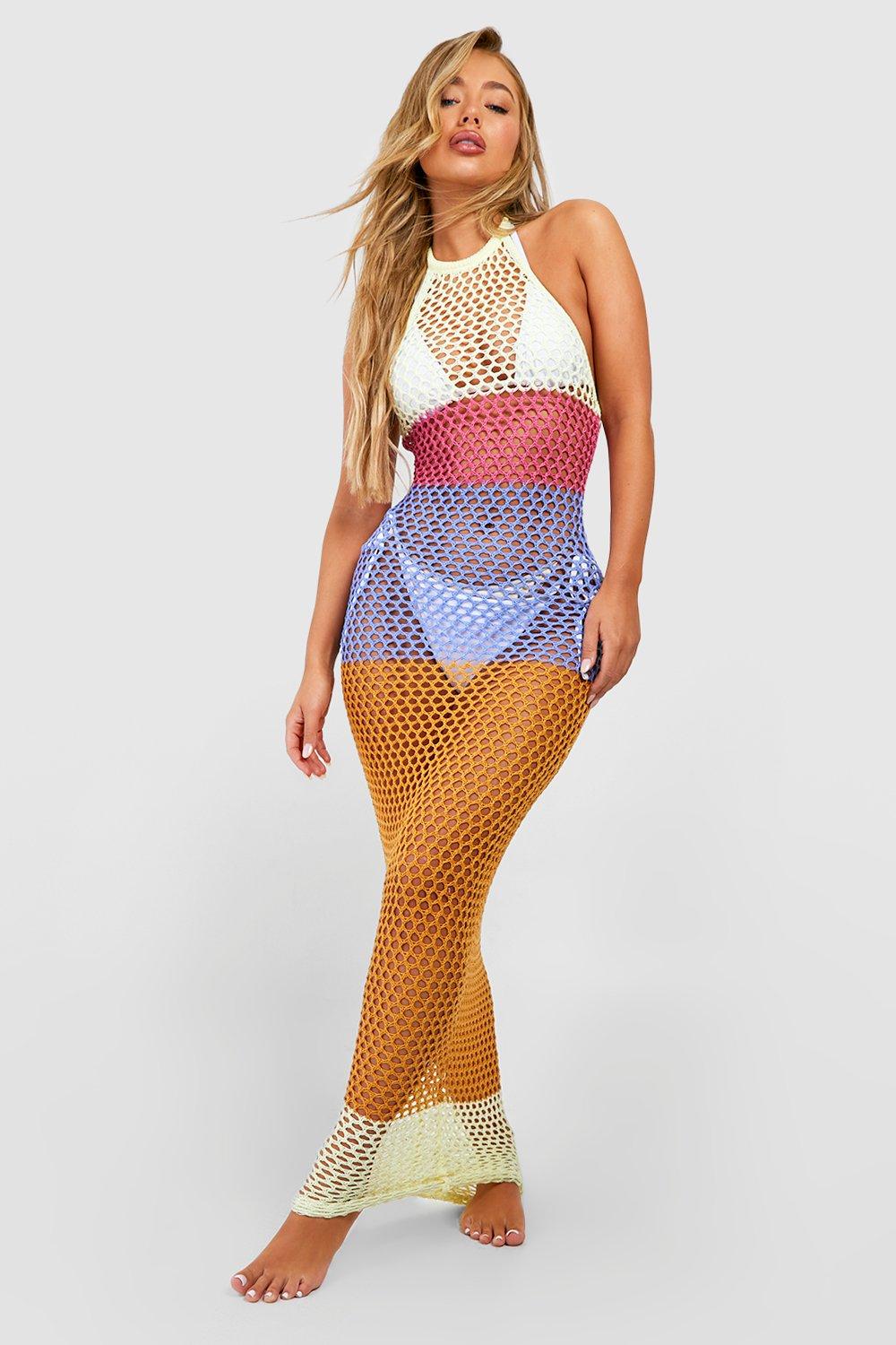 Colour Block Stripe Crochet Maxi Beach Dress