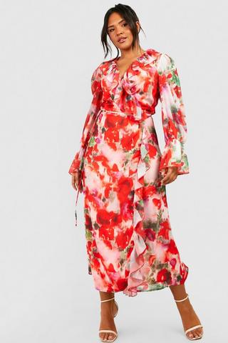 Product Plus Floral Ruffle Wrap Dress pink