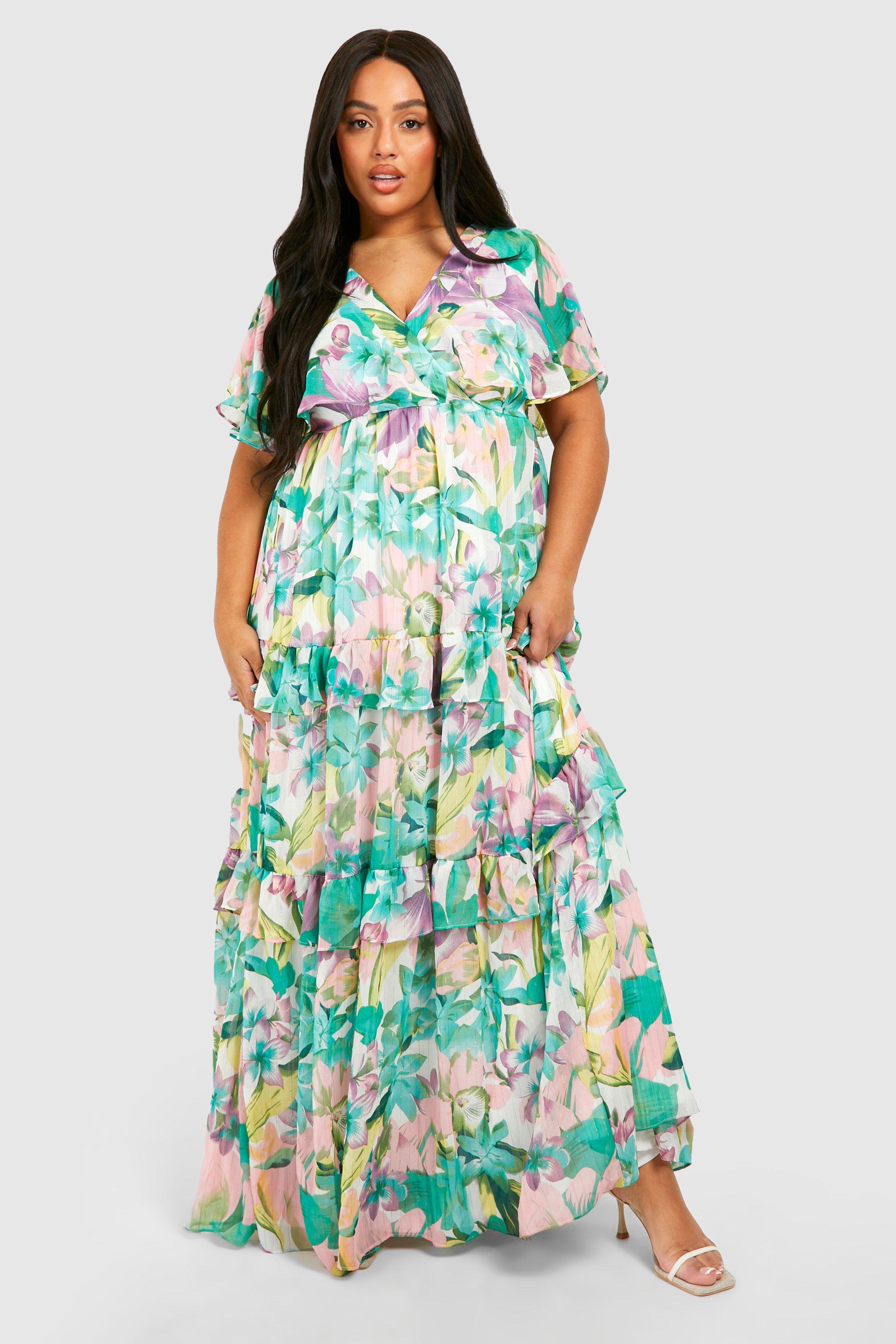 Plus Floral Print Angel Sleeve Maxi Dress
