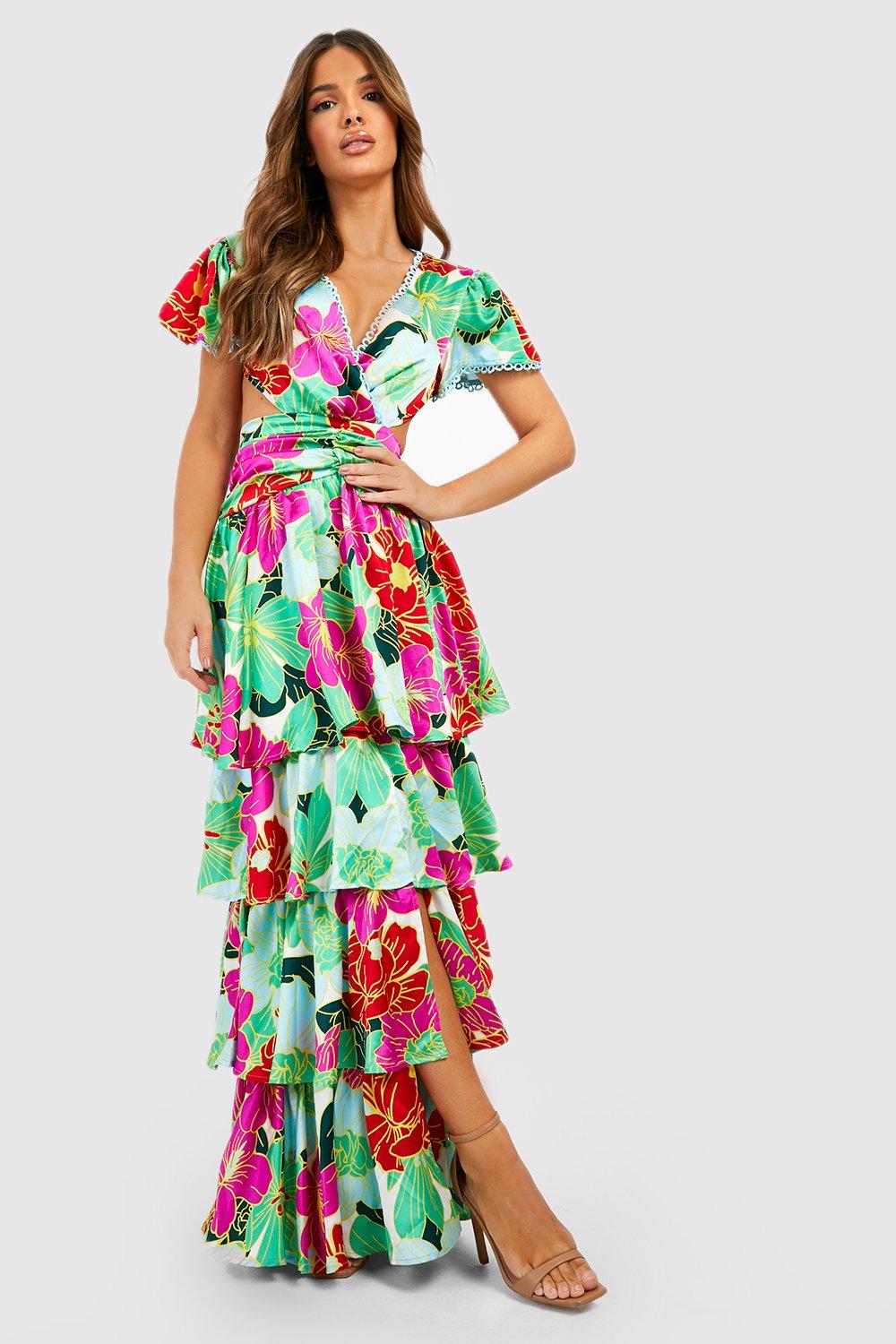Printed Ruffle Tiered Cut Out Maxi Dress