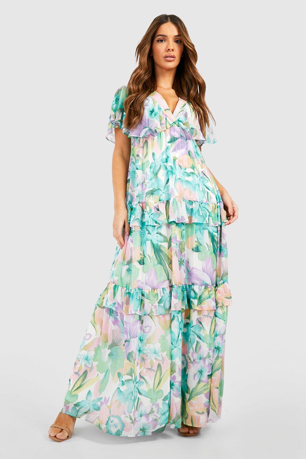 Floral Print Angel Sleeve Maxi Dress